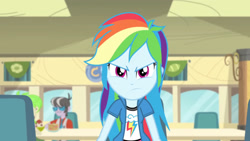 Size: 3072x1727 | Tagged: safe, screencap, cherry crash, rainbow dash, human, equestria girls, g4, my little pony equestria girls: rainbow rocks, pinkie on the one, clothes, cutie mark on clothes, female, frown, male, rainbow dash is not amused, solo focus, unamused