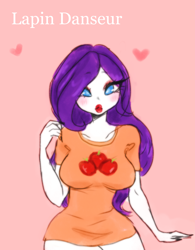 Size: 2024x2600 | Tagged: safe, artist:lapindanseur, rarity, human, g4, applejack's cutie mark, breasts, busty rarity, clothes, cutie mark on clothes, female, high res, humanized, implied lesbian, implied rarijack, implied shipping, pink background, shirt, simple background, solo, t-shirt