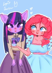 Size: 1240x1754 | Tagged: safe, artist:lapindanseur, pinkie pie, twilight sparkle, anthro, g4, ambiguous facial structure, blouse, clothes, colored pupils, cupcake, dress, duo, female, food, lesbian, missing horn, ship:twinkie, shipping, skirt