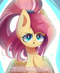 Size: 2100x2550 | Tagged: safe, artist:miryelis, derpibooru exclusive, idw, fluttershy, pegasus, pony, g5, spoiler:comic, spoiler:g5comic, spoiler:g5comic06, alternate hairstyle, big ears, big eyes, cute, female, high res, implied discord, long hair, looking at you, mare, scene interpretation, shyabetes, signature, simple background, solo, text, wings