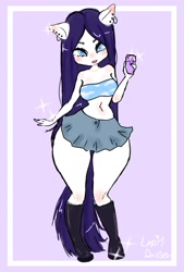 Size: 1181x1748 | Tagged: safe, artist:lapindanseur, rarity, anthro, g4, alternate hairstyle, ambiguous facial structure, bandeau, boots, cellphone, clothes, curvy, ear piercing, earring, female, hourglass figure, jewelry, missing horn, necklace, phone, piercing, shoes, skirt, smartphone, solo, thighs, thunder thighs, wide hips