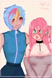 Size: 1181x1748 | Tagged: safe, artist:lapindanseur, fluttershy, rainbow dash, human, g4, alternate hairstyle, bare shoulders, blushing, clothes, collar, duo, ear piercing, female, height difference, humanized, lesbian, lips, no nose, piercing, playing with hair, ship:flutterdash, shipping, smolshy, tallerdash