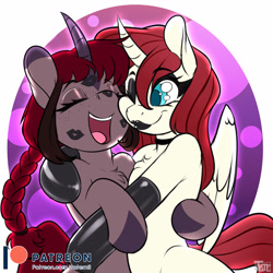 Size: 3000x3000 | Tagged: safe, artist:tatemil, oc, oc:dakota samsa, oc:rosiesquish, semi-anthro, arm hooves, cute, female, high res, hug, latex, lesbian, oc x oc, shipping, simple background, white background