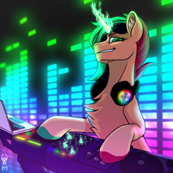 Size: 4000x4000 | Tagged: safe, artist:whatamellon, oc, oc:archieescher, pony, unicorn, headphones, music, solo