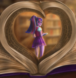 Size: 3354x3424 | Tagged: safe, artist:polnocnykot, sci-twi, twilight sparkle, human, equestria girls, g4, blouse, blushing, book, breasts, clothes, cute, detailed, detailed background, female, glasses, heart, high res, library, looking at you, looking back, looking back at you, miniskirt, reading, school, school uniform, schoolgirl, sci-twi outfits, shiny, skirt, small breasts, smiling, smiling at you, text, turned head, twiabetes, vest