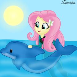 Size: 1400x1400 | Tagged: safe, artist:mlplary6, fluttershy, dolphin, human, equestria girls, g4, animal, female, looking at someone, ocean, smiling, sun, swimming, water, wetsuit