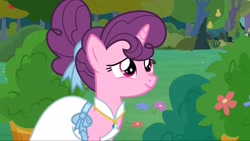 Size: 2160x1214 | Tagged: safe, screencap, sugar belle, pony, unicorn, g4, the big mac question, alternate hairstyle, apple, apple tree, bride, clothes, cute, dress, female, flower, food, happy, marriage, pear, pear tree, smiling, solo, sweet apple acres, tree, wedding, wedding dress