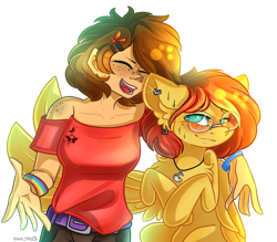 Size: 2400x2100 | Tagged: safe, artist:yuris, oc, oc only, oc:dan yuris, oc:yuris, human, pegasus, pony, female, floppy ears, freckles, frog (hoof), high res, hug, humanized, lgbt, open mouth, ponified, simple background, smiling, spread wings, underhoof, white background, wings