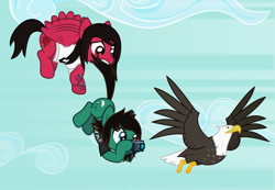 Size: 2976x2062 | Tagged: safe, artist:lightningbolt, derpibooru exclusive, bald eagle, bird, eagle, earth pony, pegasus, pony, g4, .svg available, beak, bring me the horizon, camera, carrying, clothes, cloud, duo, duo male, fluttering, flying, high res, hoof hold, lip piercing, male, mike fuentes, photography, pierce the veil, piercing, ponified, shirt, show accurate, sky, spread wings, stallion, struggling, svg, sweat, t-shirt, tail, tail pull, talons, tattoo, tom sykes, vector, wings