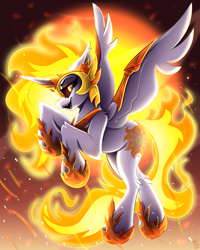 Size: 2400x3000 | Tagged: safe, artist:starcasteclipse, daybreaker, alicorn, pony, g4, alter ego, antagonist, armor, armored pony, burning, clothes, collar, colored, devious, devious smile, ear fluff, elbow fluff, evil counterpart, female, fiery mane, fire, flying, full body, full color, gradient background, headgear, high res, highlights, jewelry, large wings, long mane, long tail, looking back, mare, particles, raised hoof, regalia, shading, sharp teeth, shoes, smiling, solo, spread wings, tail, teeth, upright, white coat, wings, yellow background, yellow eyes