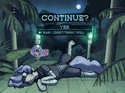 Size: 2732x2048 | Tagged: safe, artist:triplesevens, part of a set, oc, oc only, oc:triple sevens, pony, beaten up, bruised, continue, fire, high res, jungle, looking up, moon, night, outdoors, raised leg, spread legs, spreading, temple, text, tree, x eyes