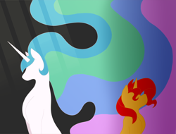 Size: 888x675 | Tagged: safe, artist:daotterguy, princess celestia, sunset shimmer, alicorn, pony, unicorn, fanfic:the final conversation, g4, black background, flowing mane, silhouette, simple background