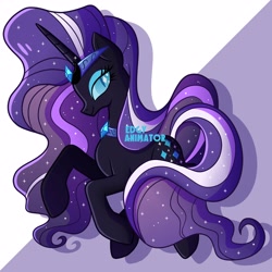 Size: 3000x3000 | Tagged: safe, artist:edgyanimator, derpibooru exclusive, part of a set, nightmare rarity, rarity, pony, unicorn, beautiful, big horn, black coat, black fur, blue eyes, blue eyeshadow, cel shading, choker, colored, colored eyelashes, colored lineart, crown, diamond, digital art, drop shadow, elegant, ethereal mane, eyelashes, eyeshadow, female, firealpaca, flowing tail, full body, gradient hair, gradient mane, gradient tail, hair, high res, highlights, horn, jewelry, jpg, long hair, long horn, long legs, long mane, long tail, looking sideways, looking to the right, makeup, mare, necklace, nicemare rarity, peytral, profile, purple background, purple hair, purple mane, purple tail, quadrupedal, raised hoof, raised hooves, regalia, shading, shadow, shiny hair, shiny mane, shiny tail, signature, simple background, smiling, smirk, solo, sparkles, starry hair, starry mane, starry tail, stars, tail, wall of tags