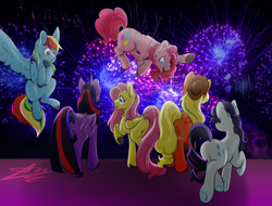 Size: 2482x1885 | Tagged: safe, artist:wifflethecatboi, applejack, fluttershy, pinkie pie, rainbow dash, rarity, twilight sparkle, alicorn, earth pony, pegasus, pony, unicorn, g4, balloon, blue eyes, calm, fireworks, floating, folded wings, green eyes, group, hat, looking at each other, looking at someone, looking away, looking down, magenta eyes, mane six, purple background, simple background, spread wings, standing, trotting, twilight sparkle (alicorn), wide eyes, wings