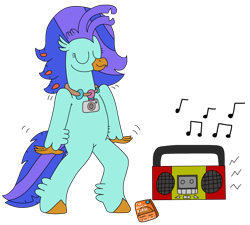 Size: 2332x2103 | Tagged: safe, artist:supahdonarudo, oc, oc only, oc:sea lilly, classical hippogriff, hippogriff, bipedal, boombox, camera, dancing, high res, jewelry, music notes, necklace, simple background, transparent background