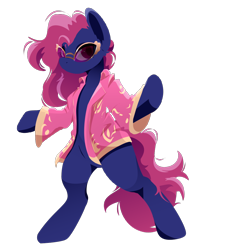 Size: 1024x1024 | Tagged: safe, artist:wifflethecatboi, earth pony, pony, bipedal, blue body, clothes, curly hair, curly mane, curly tail, dancing, no mouth, pink hair, pink mane, pink tail, simple background, solo, suit, sunglasses, tail, transparent background