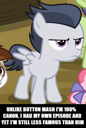 Size: 516x770 | Tagged: safe, edit, edited screencap, screencap, cucumber seed, kettle corn, pipsqueak, rumble, pegasus, pony, g4, marks and recreation, season 7, caption, colt, cropped, foal, image macro, impact font, implied button mash, male, meme, solo focus, text