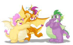 Size: 1920x1186 | Tagged: safe, artist:aleximusprime, smolder, spike, oc, oc:buttercream the dragon, dragon, flurry heart's story, g4, bear hug, commission, dragon oc, dragoness, eye bulging, eyes closed, fangs, fat, fat spike, female, grin, hand over mouth, hug, laughing, male, non-pony oc, older, older smolder, older spike, open mouth, simple background, smiling, spread wings, squeezing, transparent background, wings