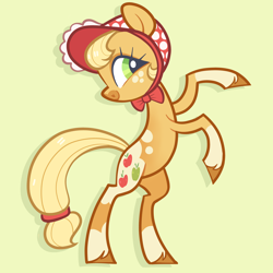Size: 5000x5000 | Tagged: safe, artist:pilesofmiles, applejack, earth pony, pony, g4, alternate cutie mark, bonnet, coat markings, cute, female, jackabetes, personality swap, rearing, redesign, simple background, solo, swap, yellow background