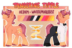 Size: 1500x1000 | Tagged: safe, artist:chvrchgrim, oc, oc only, oc:tangerine tipple, pony, unicorn, bowtie, clothes, fancy, horn, male, orange coat, pants, reference, reference sheet, shirt, shoes, simple background, solo, stallion, suit, transparent background, unshorn fetlocks