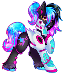 Size: 2000x2300 | Tagged: safe, artist:chvrchgrim, oc, oc only, oc:synth runner, earth pony, pony, bangs, black coat, bodysuit, circuit board, clothes, cyberpunk, ear piercing, eyeshadow, female, futuristic, gradient mane, gray coat, hair over one eye, high res, hoof on chest, looking at you, makeup, mare, piercing, ponytail, raised hoof, shiny mane, simple background, smiling, smiling at you, solo, transparent background, unshorn fetlocks