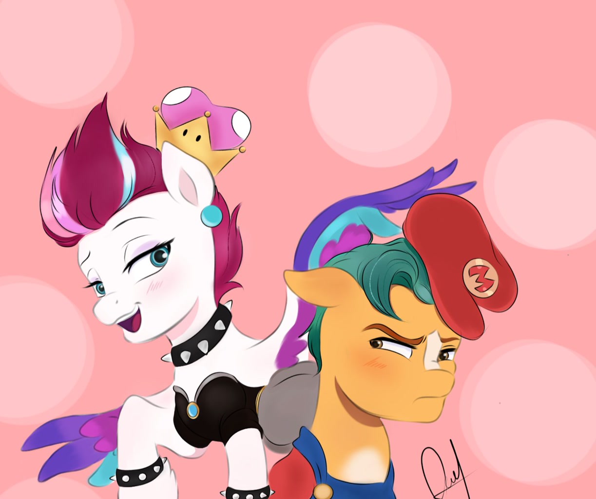 [alternate hairstyle,angry,blushing,bracelet,cap,clothes,cosplay,costume,crossover,cute,dress,duo,earth pony,female,flower,g5,hat,jewelry,male,mare,mario,overalls,pegasus,pony,safe,shipping,simple background,stallion,straight,super mario bros.,mario's hat,smiling,looking at someone,bowsette,super crown,duo male and female,hitch trailblazer,zipp storm,hitchzipp,artist:mango_moon190]