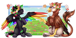 Size: 2000x1000 | Tagged: safe, artist:chvrchgrim, oc, oc only, oc:krypt, oc:marlow, griffon, pegasus, pony, beak, claws, colored wings, duo, eyes closed, field, floral head wreath, flower, flower in hair, folded wings, friendship, grass, grass field, griffon oc, hanging out, hoof on chest, looking at each other, looking at someone, male, multicolored hair, multicolored mane, multicolored tail, multicolored wings, paw pads, paws, pegasus oc, pointing, pony oc, ponysona, rainbow wings, raised hoof, simple background, sitting, sky, smiling, smiling at each other, spread wings, stallion, tail, toe beans, transparent background, underpaw, wholesome, wings