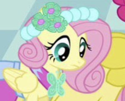 Size: 398x323 | Tagged: safe, screencap, fluttershy, pinkie pie, pegasus, pony, a canterlot wedding, g4, season 2, :i, alternate hairstyle, close-up, clothes, cropped, dress, female, mare, offscreen character, solo focus