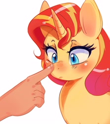 Size: 2500x2800 | Tagged: safe, artist:mrscurlystyles, sunset shimmer, human, pony, unicorn, g4, blushing, boop, cute, disembodied hand, female, hand, high res, mare, noseboop, offscreen character, shimmerbetes, simple background, solo focus, white background
