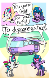 Size: 1550x2450 | Tagged: safe, artist:ebbysharp, izzy moonbow, zipp storm, pegasus, pony, unicorn, g4, g5, beastie boys, bipedal, bracelet, colored wings, dialogue, duo, duo female, female, friendship bracelet, g5 to g4, generation leap, hoof hold, jewelry, looking at you, mare, marestream, microphone, multicolored wings, one eye closed, open mouth, open smile, simple background, singing, smiling, smiling at you, speech bubble, sunglasses, wings, wink, winking at you