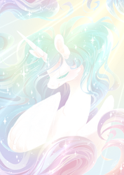 Size: 600x849 | Tagged: safe, artist:tiitcha, princess celestia, pony, g4, crepuscular rays, eyes closed, solo