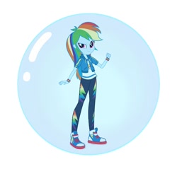 Size: 720x689 | Tagged: safe, edit, rainbow dash, human, equestria girls, g4, my little pony equestria girls: better together, bubble, clothes, converse, eqg promo pose set, female, geode of super speed, in bubble, jacket, magical geodes, pants, shoes, simple background, smiling, sneakers, solo, vector, white background, wristband