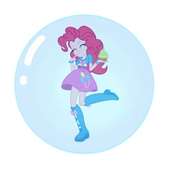 Size: 720x708 | Tagged: safe, artist:seahawk270, edit, pinkie pie, human, equestria girls, g4, my little pony equestria girls: friendship games, balloon, boots, bracelet, bubble, clothes, cupcake, cute, dessert, diapinkes, eyes closed, female, food, giggling, happy, high heel boots, in bubble, jewelry, pinkie pie trapped in a bubble, raised leg, shoes, simple background, skirt, solo, vector, white background