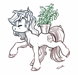 Size: 3535x3373 | Tagged: safe, artist:opalacorn, oc, oc only, earth pony, pony, black and white, eyes closed, grayscale, high res, monochrome, plant, potted plant, simple background, solo, standing on two hooves, white background