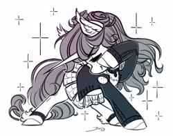 Size: 4096x3234 | Tagged: safe, artist:opalacorn, oc, oc only, pony, unicorn, clothes, eyes closed, female, grayscale, jacket, mare, monochrome, simple background, skirt, solo, sparkles, white background