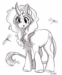 Size: 3386x4096 | Tagged: safe, artist:opalacorn, oc, oc only, classical unicorn, dragonfly, insect, pony, unicorn, cloven hooves, curved horn, grayscale, horn, leonine tail, monochrome, simple background, smiling, solo, unshorn fetlocks, white background