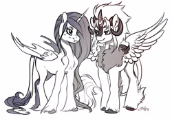 Size: 4096x2837 | Tagged: safe, artist:opalacorn, oc, oc only, alicorn, hybrid, pony, duo, grayscale, horns, leonine tail, looking at each other, looking at someone, monochrome, simple background, spread wings, tail, unshorn fetlocks, white background, wings