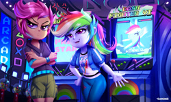 Size: 3671x2182 | Tagged: safe, artist:ichimoral, rainbow dash, scootaloo, human, equestria girls, g4, arcade, arcade cabinet, clothes, commission, cross-popping veins, crossed arms, dash fighter vi, duo, emanata, female, high res, indoors, pants, scootaloo is not amused, shorts, unamused, winner