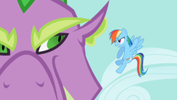 Size: 1280x720 | Tagged: safe, screencap, rainbow dash, spike, dragon, pegasus, pony, g4, my little pony: friendship is magic, secret of my excess, female, male, mare, spikezilla