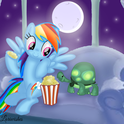 Size: 1400x1400 | Tagged: safe, artist:mlplary6, rainbow dash, tank, pegasus, pony, tortoise, g4, animal, couch, duo, eating, female, food, friends, herbivore, looking at each other, looking at someone, male, mare, moon, moonlight, night, popcorn, sitting, sky, smiling, smiling at each other