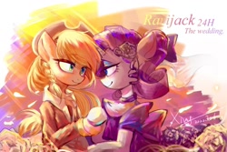 Size: 1620x1080 | Tagged: source needed, safe, artist:xiaoxingxin, applejack, rarity, earth pony, pony, unicorn, g4, clothes, duo, duo female, female, hat, lesbian, looking at each other, looking at someone, ponytail, ship:rarijack, shipping