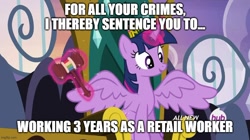 Size: 888x499 | Tagged: safe, edit, edited screencap, screencap, twilight sparkle, alicorn, pony, g4, trade ya!, caption, cool and unusual punishment, hammer, image macro, meme, text, trial, twilight sparkle (alicorn)