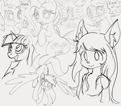 Size: 1453x1272 | Tagged: safe, artist:dotkwa, derpy hooves, fluttershy, pinkie pie, twilight sparkle, oc, oc:deary dots, earth pony, pegasus, pony, unicorn, anthro, g4, canon x oc, cupcake, female, food, furry, furry oc, grayscale, lesbian, mare, monochrome, non-mlp oc, open mouth, open smile, shipping, simple background, smiling, white background