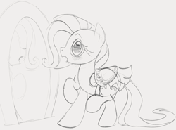 Size: 1432x1061 | Tagged: safe, artist:dotkwa, fluttershy, pegasus, pony, g4, blushing, cute, embarrassed, female, grayscale, looking at you, mare, mirror, monochrome, open mouth, saddle, shyabetes, simple background, sketch, solo, standing on two hooves, tack, white background