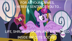 Size: 719x405 | Tagged: safe, edit, edited screencap, screencap, twilight sparkle, alicorn, pony, g4, my little pony: friendship is magic, trade ya!, caption, cruel and unusual punishment, female, hammer, image macro, implied entrapment, implied shrinking, implied socks, mare, meme, text, trial, twilight sparkle (alicorn)