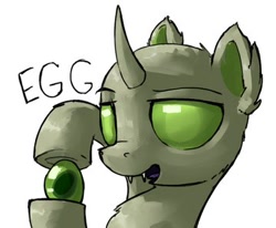 Size: 360x296 | Tagged: safe, artist:uteuk, oc, oc only, oc:copycat, changedling, changeling, changeling egg, chest fluff, ear fluff, egg, fangs, fluffy, fluffy changeling, hoof hold, lidded eyes, looking at you, open mouth, simple background, smiling, smirk, solo, text, underhoof, white background