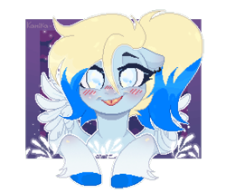 Size: 700x596 | Tagged: safe, artist:zakypo, oc, oc only, oc:azure opus, pegasus, pony, blind, blushing, bust, commission, ear piercing, female, looking at you, mare, piercing, pixel art, portrait, simple background, solo, tongue out, transparent background, two toned mane, ych result