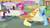 Size: 1280x720 | Tagged: safe, edit, edited screencap, editor:korora, screencap, applejack, fluttershy, pinkie pie, rainbow dash, rarity, earth pony, pegasus, pony, unicorn, every little thing she does, g4, my little pony: friendship is magic, applebutt, applejack's hat, butt, cowboy hat, female, glasses, hat, headache, implied vinyl scratch, mare, pain star, plot, rainbutt dash, speech bubble, stool