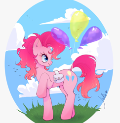 Size: 1556x1600 | Tagged: source needed, safe, artist:julieee3e, pinkie pie, earth pony, pony, g4, alternate hairstyle, bag, balloon, cute, diapinkes, female, happy, mare, raised hoof, saddle bag, smiling, solo