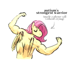 Size: 540x460 | Tagged: safe, artist:punkittdev, fluttershy, pegasus, anthro, g4, arrow, autism, autistic fluttershy, eyes closed, female, flexing, mare, muscles, muscleshy, neurodivergent, neurodivergent headcanon, pose, simple background, solo, text, white background